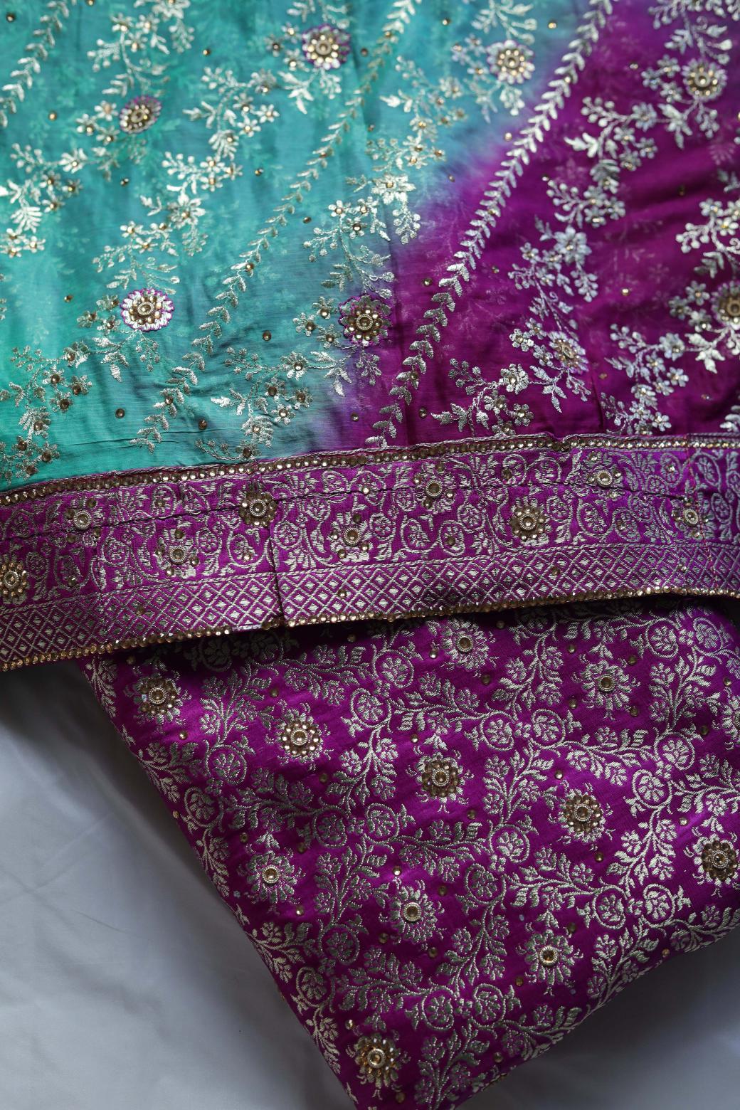 RAMA GREEN & PURPLE CONTRAST COLOUR PURE KIMKHAB BANARASI GHARARA