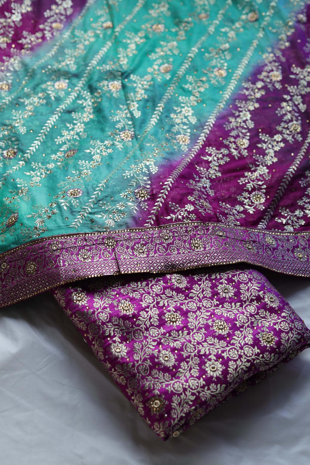 RAMA GREEN & PURPLE CONTRAST COLOUR PURE KIMKHAB BANARASI GHARARA