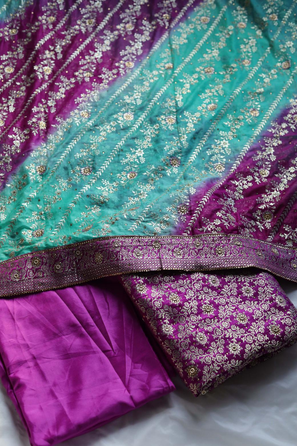 RAMA GREEN & PURPLE CONTRAST COLOUR PURE KIMKHAB BANARASI GHARARA