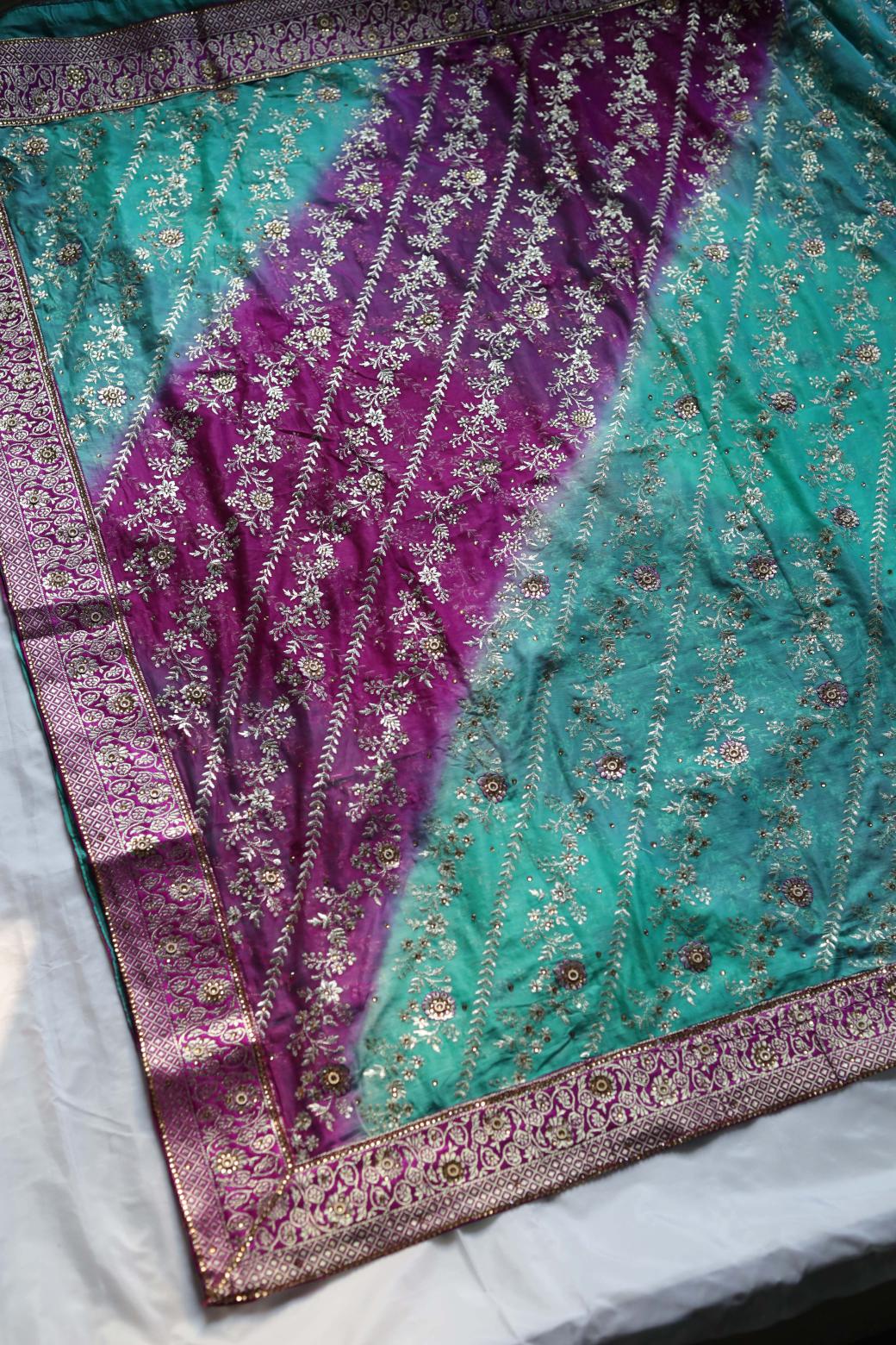 RAMA GREEN & PURPLE CONTRAST COLOUR PURE KIMKHAB BANARASI GHARARA