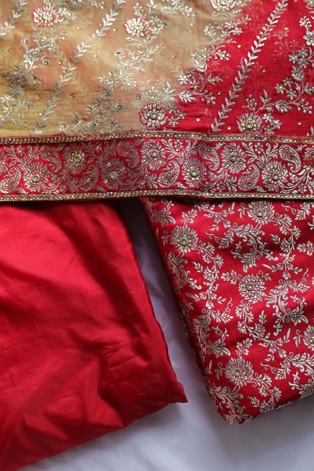 RED AND GOLDEN CONTRAST COLOUR KIMKHAB BANARASI GHARARA