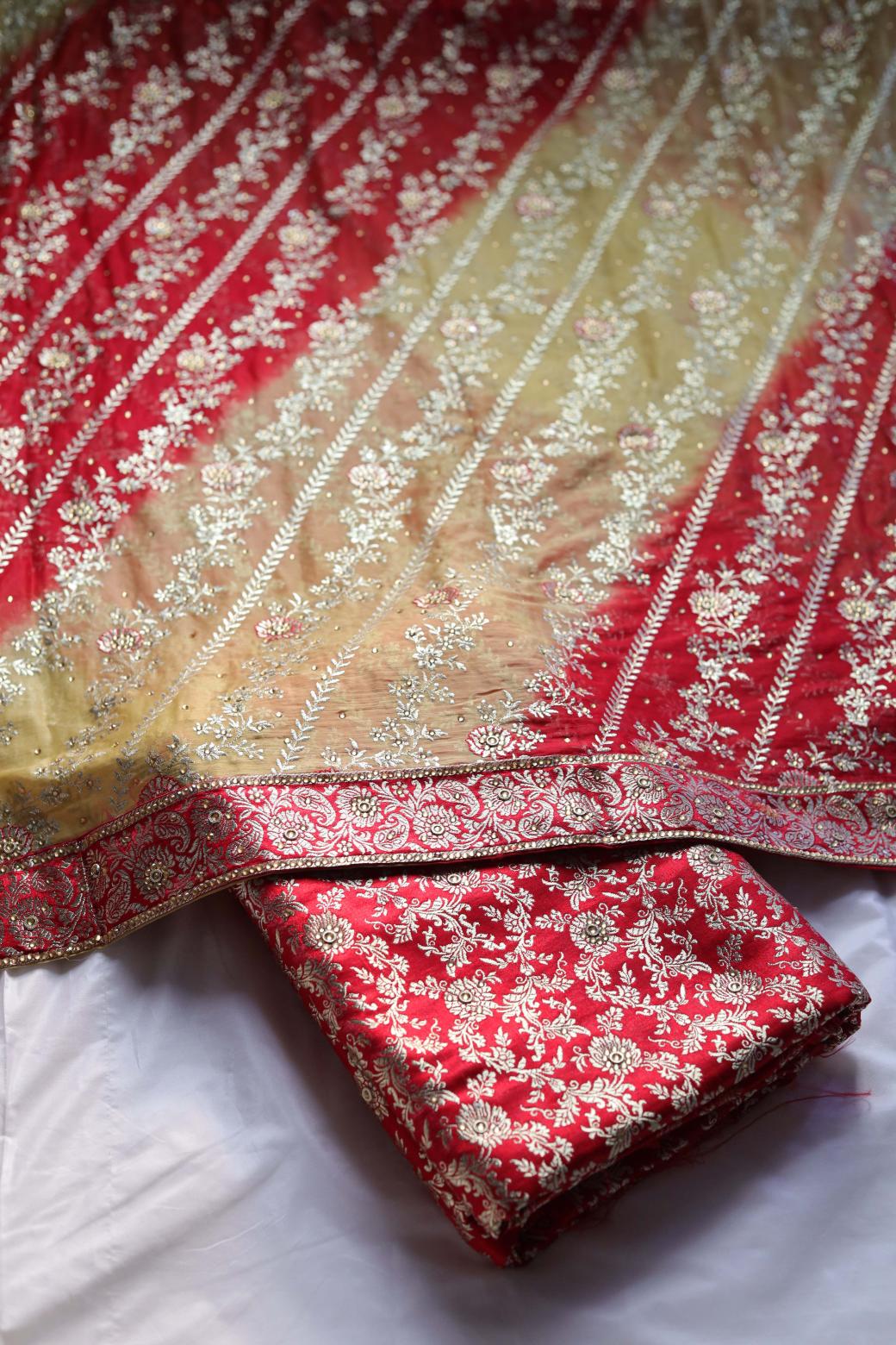 RED AND GOLDEN CONTRAST COLOUR KIMKHAB BANARASI GHARARA
