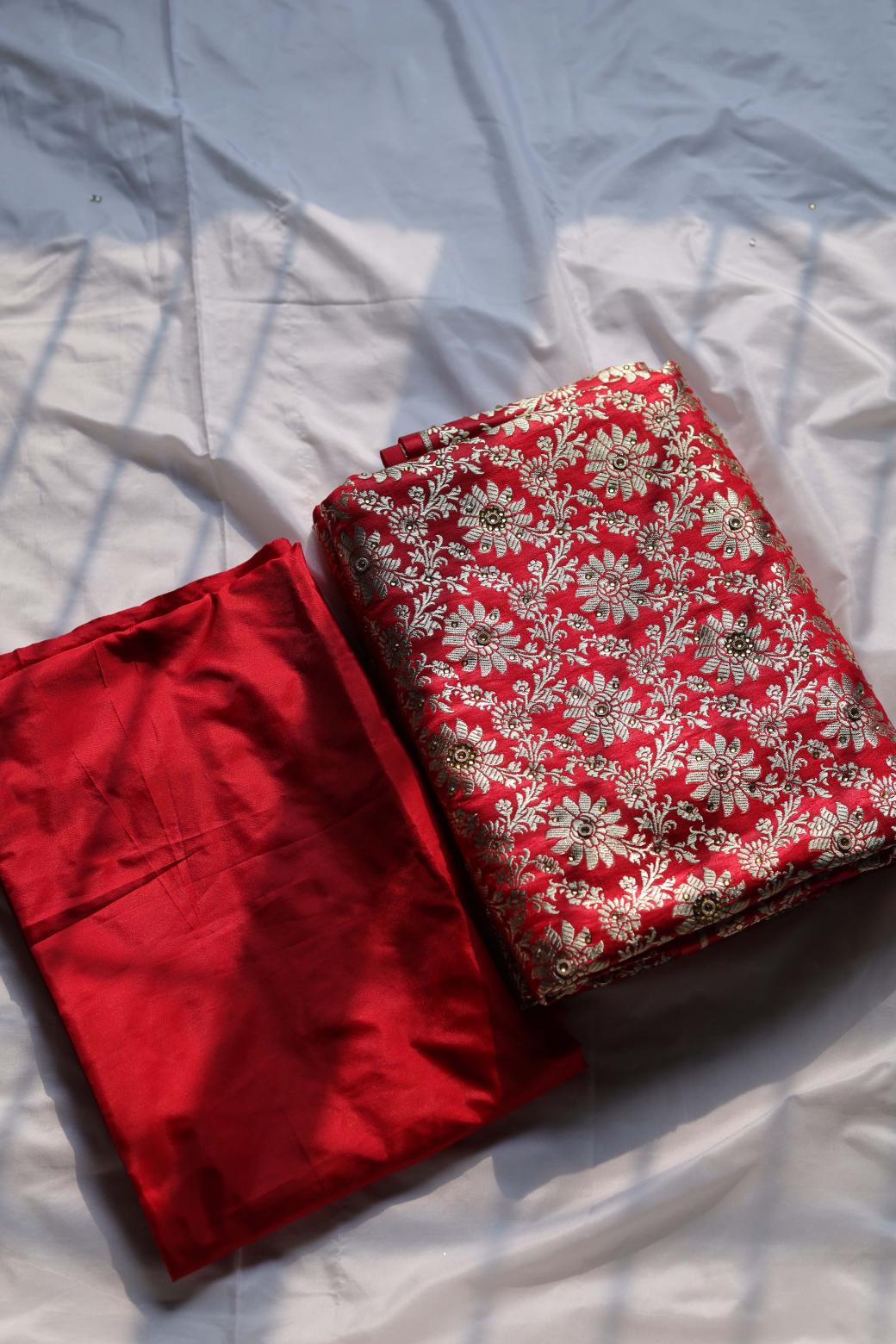 RED & BLUE CONTRAST COLOUR KIMKHAB BANARASI GHARARA