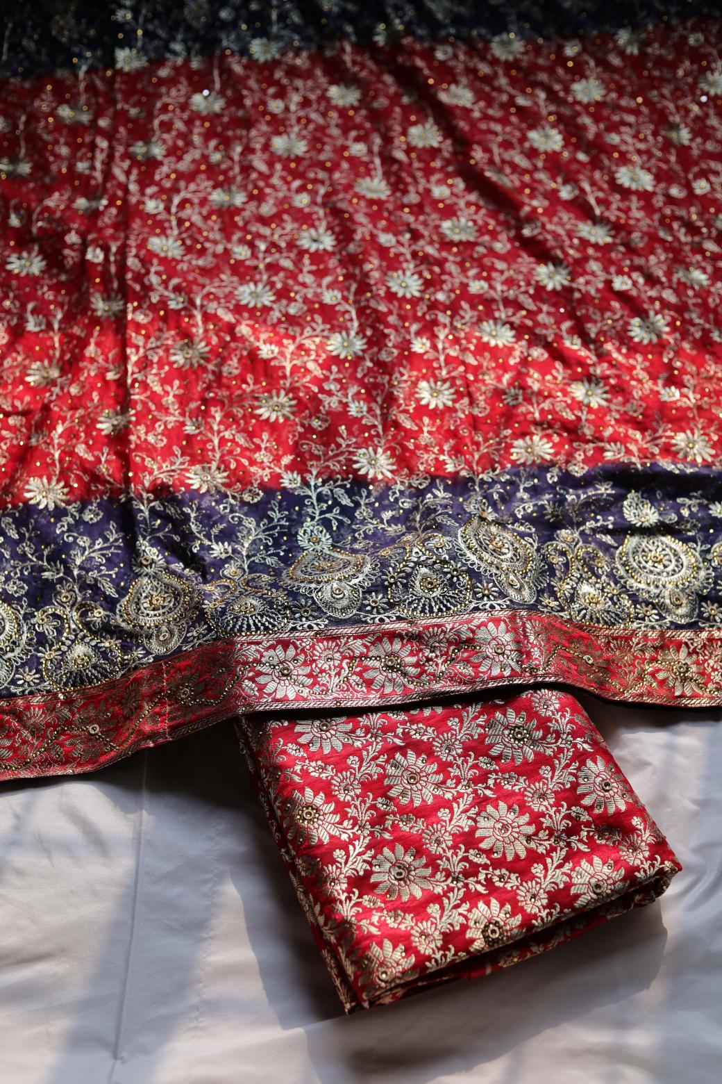 RED & BLUE CONTRAST COLOUR KIMKHAB BANARASI GHARARA