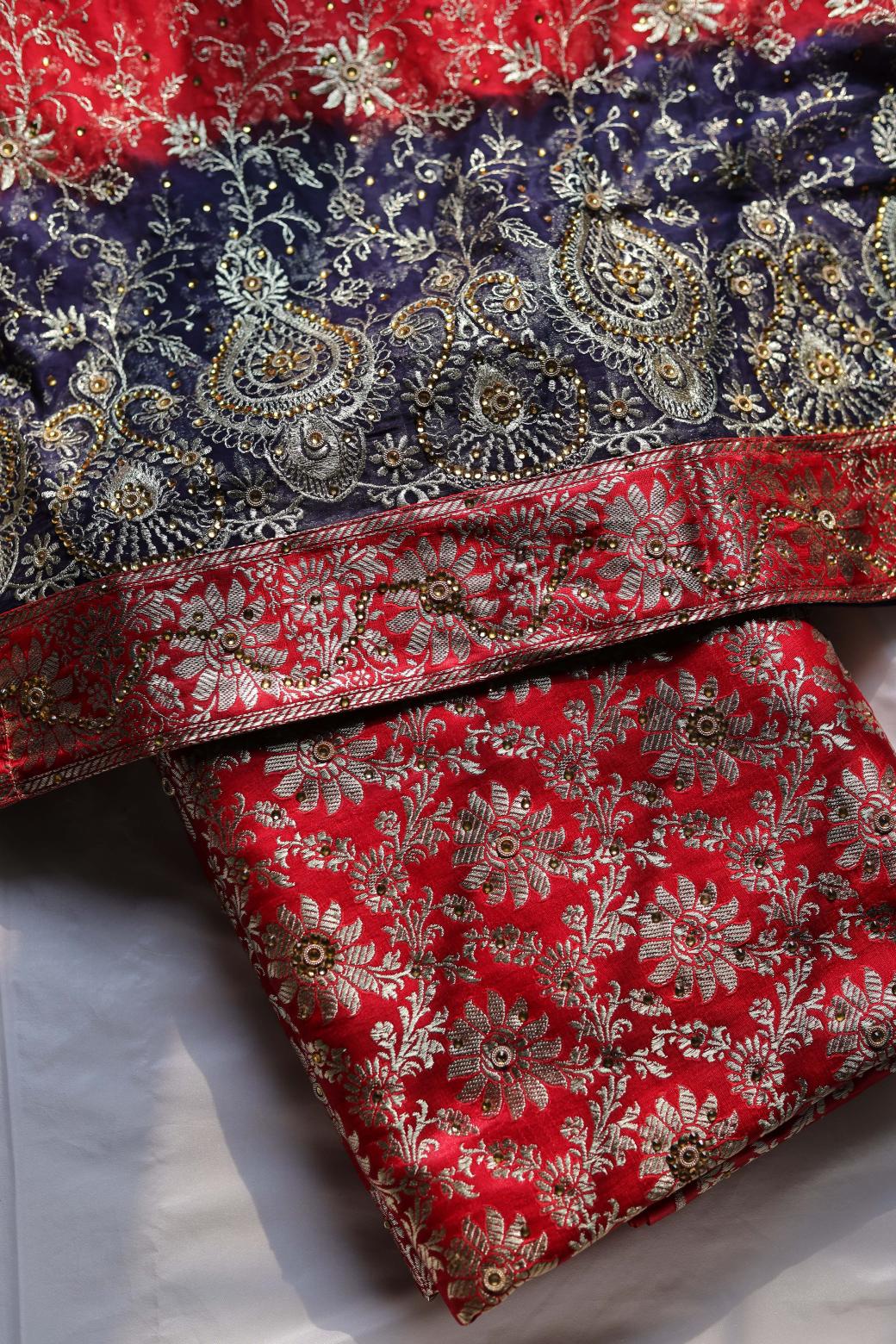 RED & BLUE CONTRAST COLOUR KIMKHAB BANARASI GHARARA