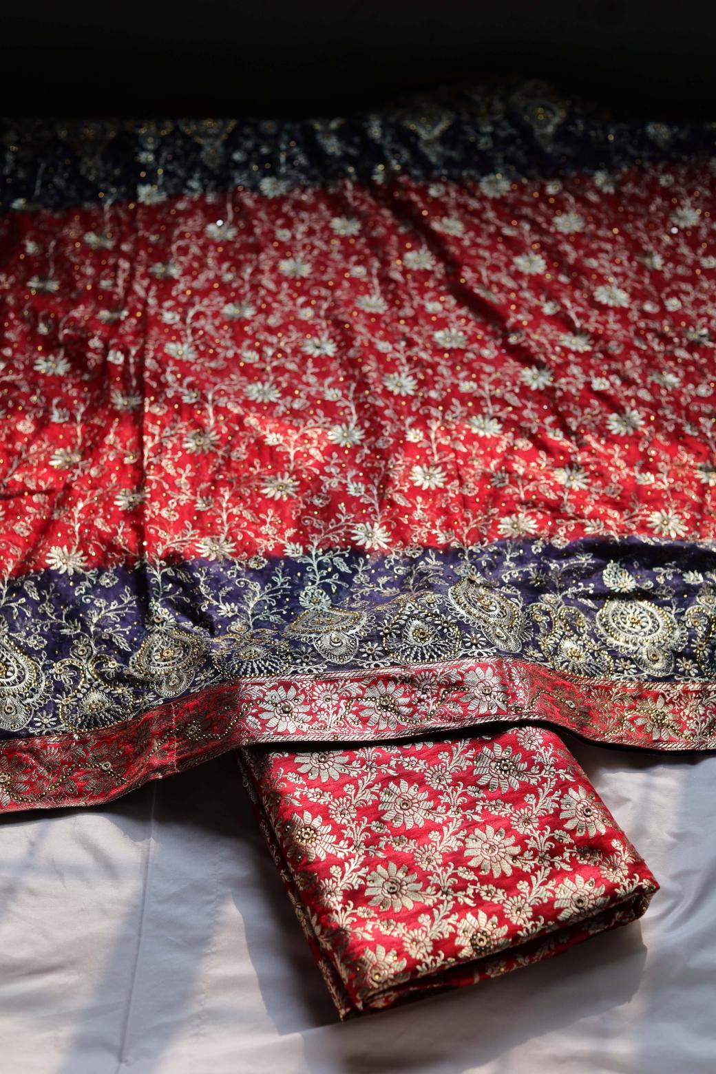 RED & BLUE CONTRAST COLOUR KIMKHAB BANARASI GHARARA