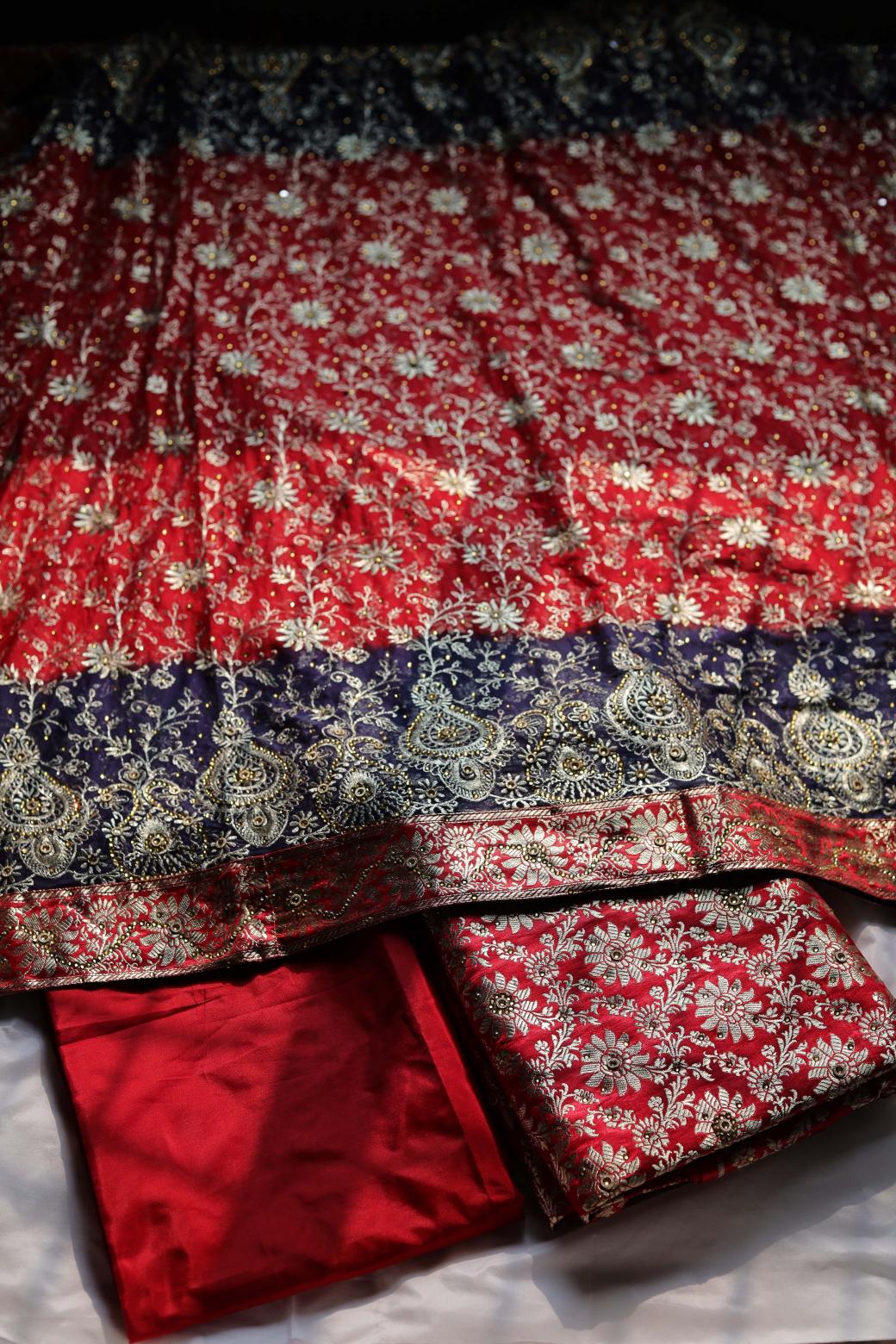 RED & BLUE CONTRAST COLOUR KIMKHAB BANARASI GHARARA