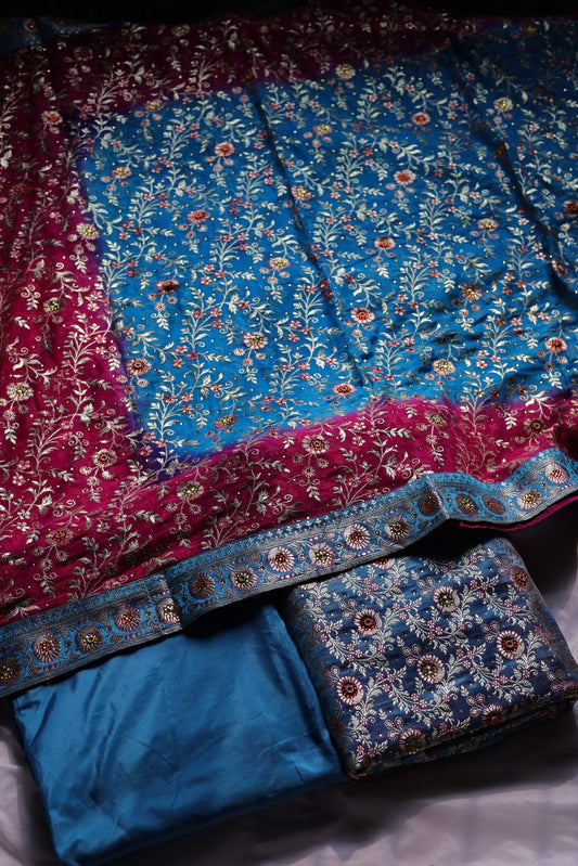 BLUE & MAGENTA COLOUR PURE KATAAN KIMKHAB BANARASI GHARARA