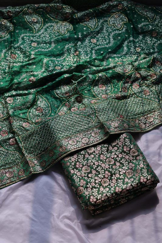BOTTLE GREEN COLOUR PURE KATAAN KIMKHAB BANARASI GHARARA