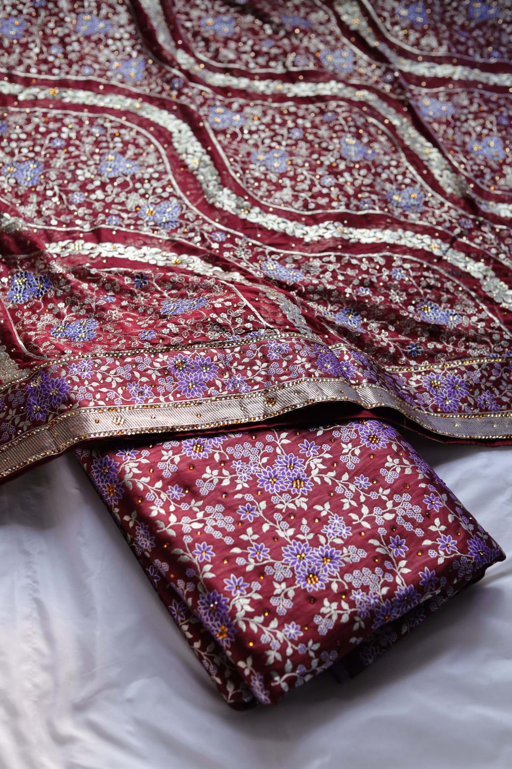MAROON COLOUR WITH PURPLE COLOR MEENAKARI DESIGN PURE KIMKHAB BANARASI GHARARA