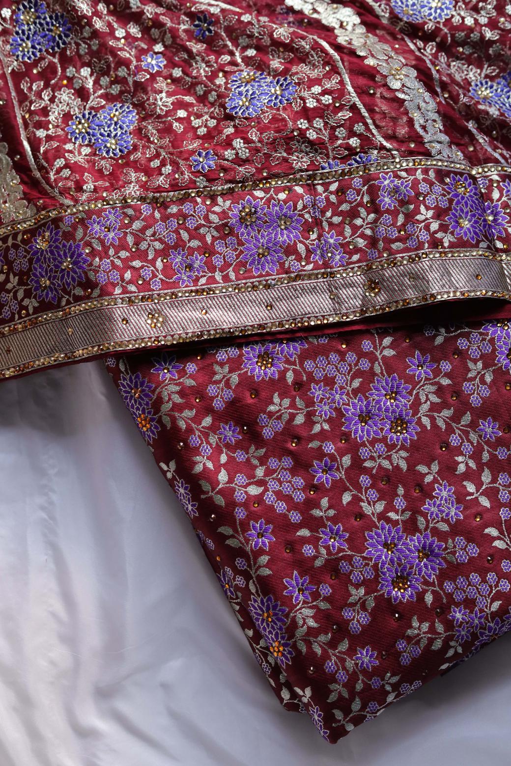 MAROON COLOUR WITH PURPLE COLOR MEENAKARI DESIGN PURE KIMKHAB BANARASI GHARARA