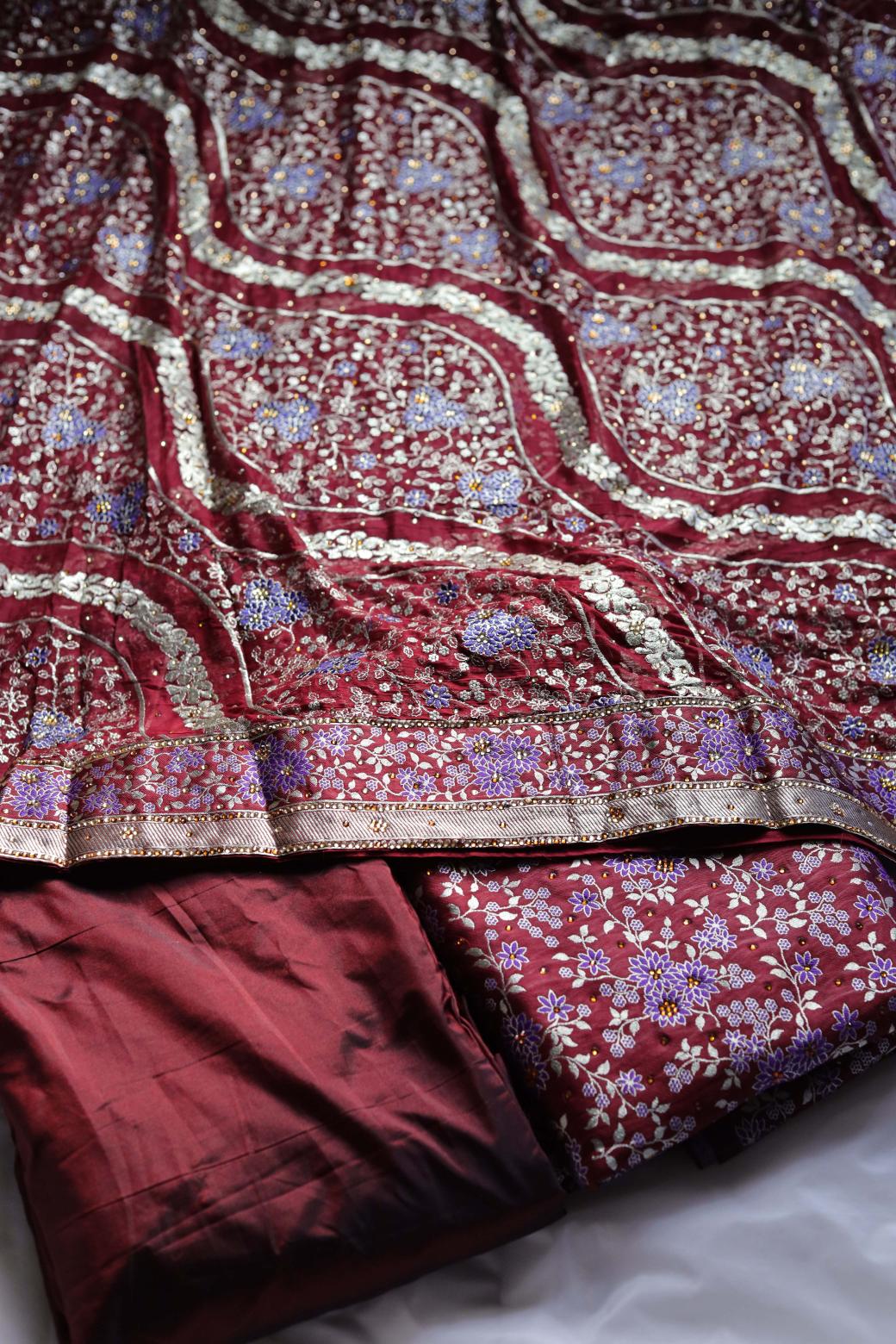 MAROON COLOUR WITH PURPLE COLOR MEENAKARI DESIGN PURE KIMKHAB BANARASI GHARARA
