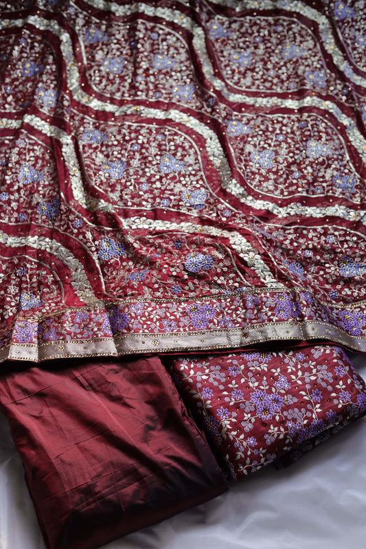 MAROON COLOUR WITH PURPLE COLOR MEENAKARI DESIGN PURE KIMKHAB BANARASI GHARARA
