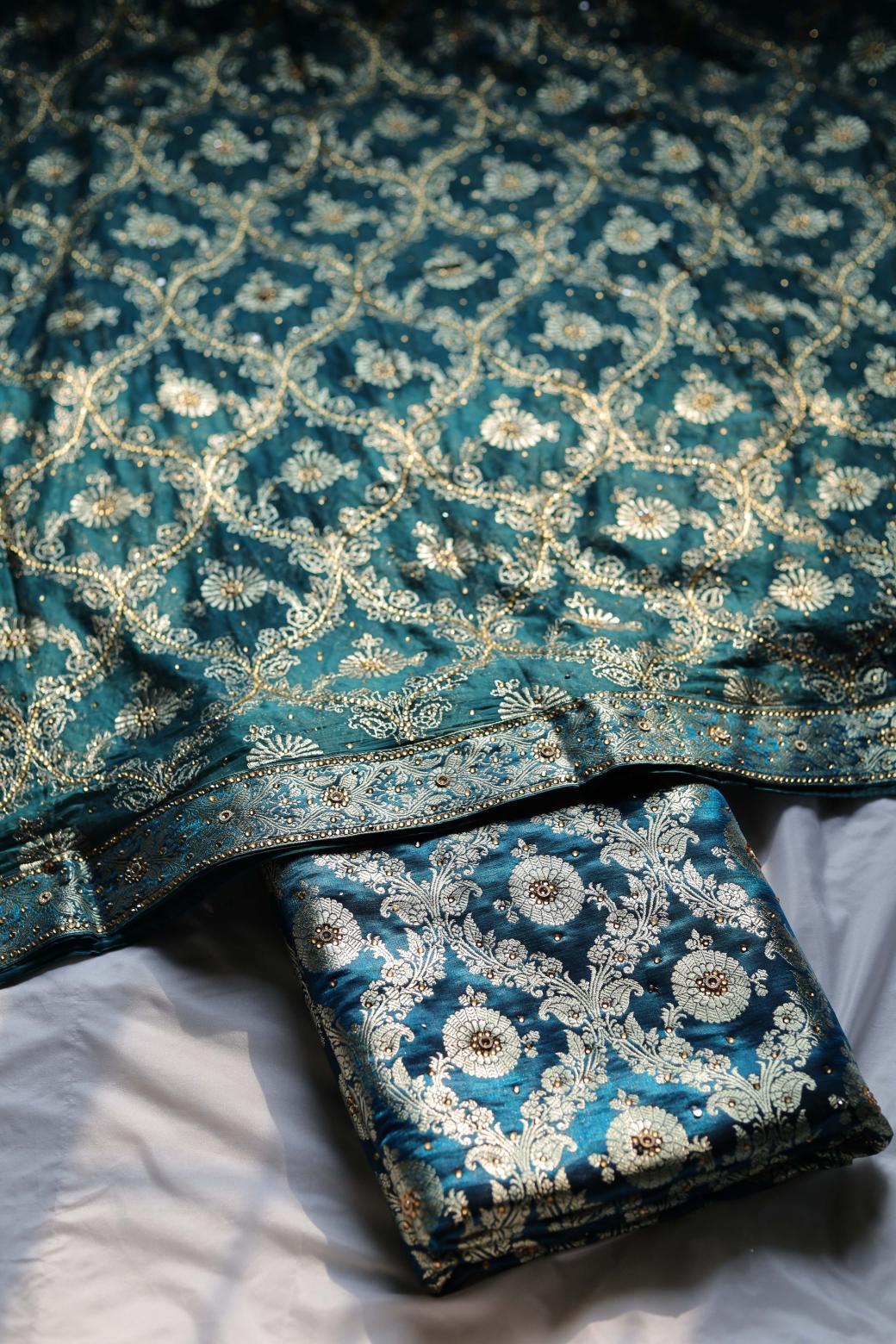 PEACOCK BLUE COLOUR KIMKHAB BANARASI GHARARA