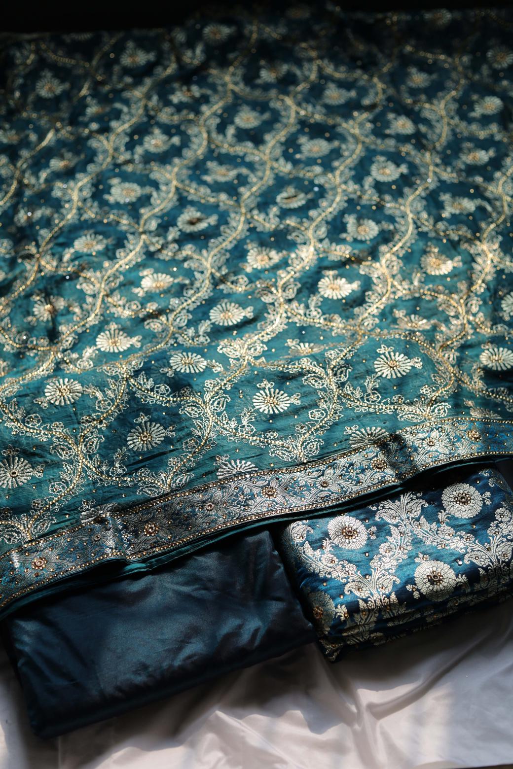 PEACOCK BLUE COLOUR KIMKHAB BANARASI GHARARA