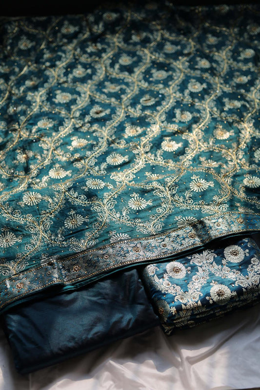 PEACOCK BLUE COLOUR KIMKHAB BANARASI GHARARA