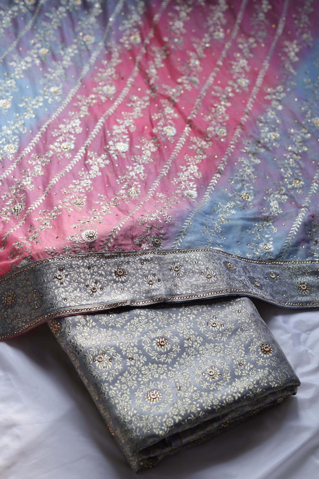 PINK AND GREY COLOUR PURE KIMKHAB BANARASI GHARARA.
