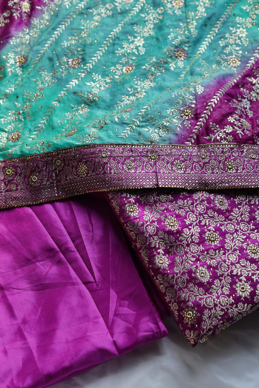 RAMA GREEN & PURPLE CONTRAST COLOUR PURE KIMKHAB BANARASI GHARARA