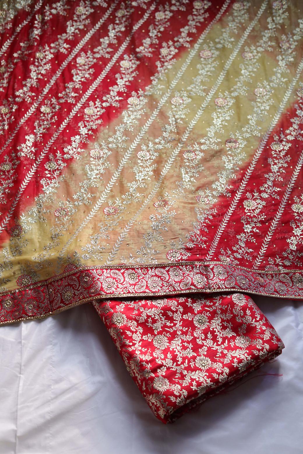 RED AND GOLDEN CONTRAST COLOUR KIMKHAB BANARASI GHARARA