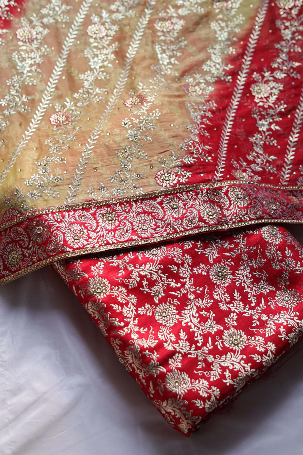 RED AND GOLDEN CONTRAST COLOUR KIMKHAB BANARASI GHARARA