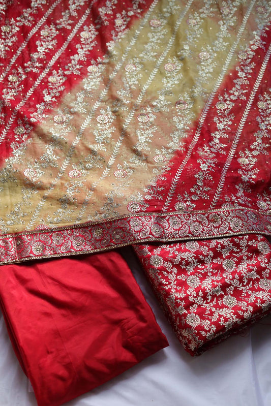 RED AND GOLDEN CONTRAST COLOUR KIMKHAB BANARASI GHARARA