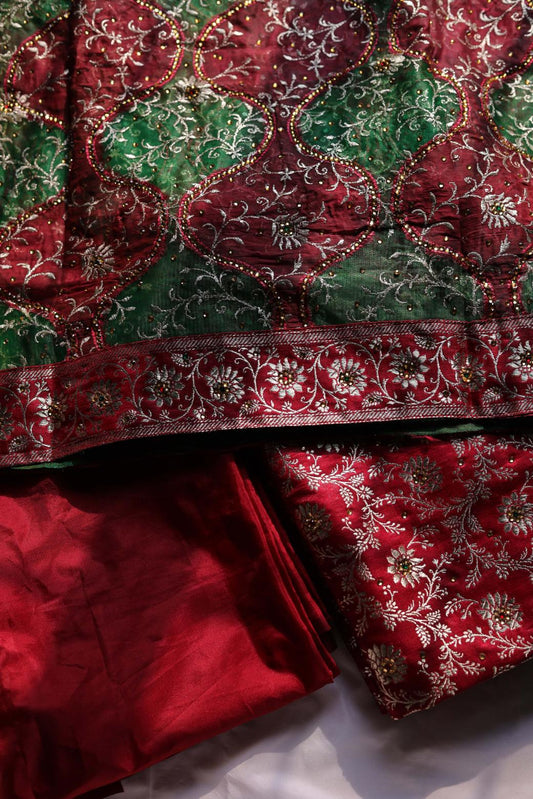 RED AND GREEN CONTRAST COLOUR PURE KIMKHAB BANARASI GHARARA