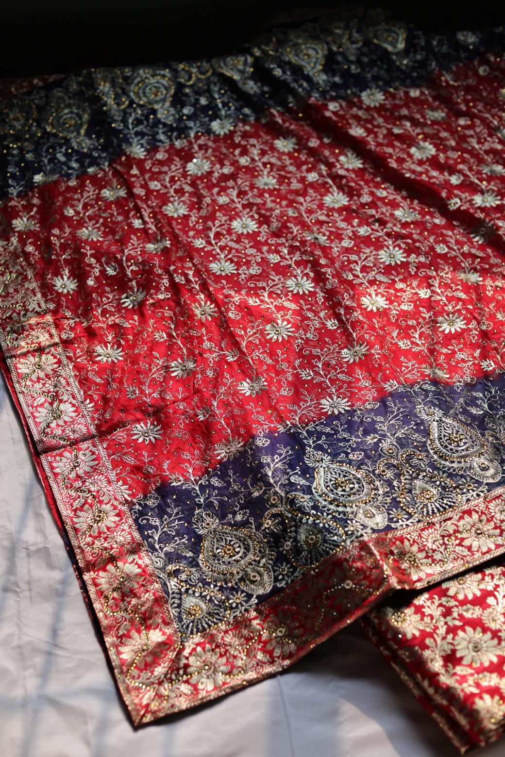 RED & BLUE CONTRAST COLOUR KIMKHAB BANARASI GHARARA
