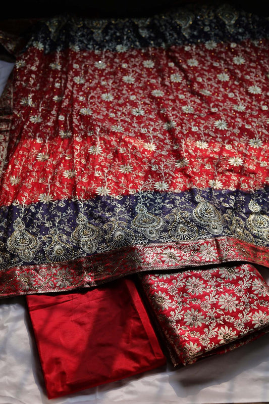 RED & BLUE CONTRAST COLOUR KIMKHAB BANARASI GHARARA