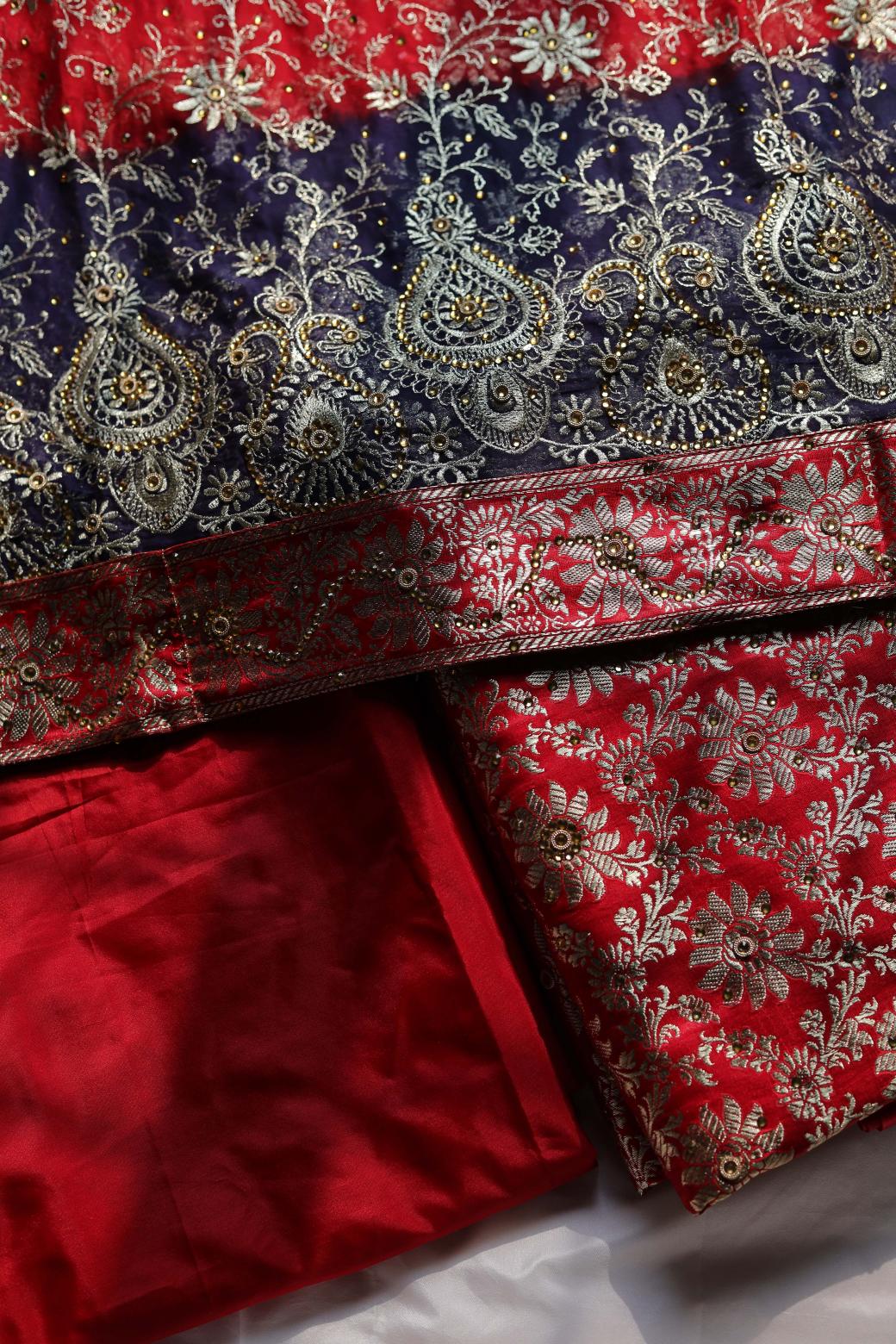 RED & BLUE CONTRAST COLOUR KIMKHAB BANARASI GHARARA