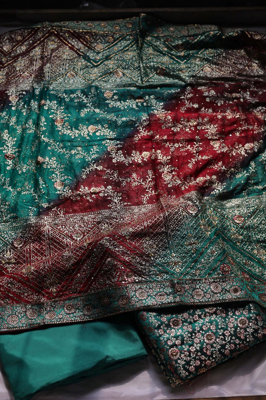 RED & GREEN CONTRAST COLOUR PURE KATAAN KIMKHAB BANARASI GHARARA